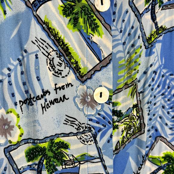 Paradiso Postcards Hawaiian Shirt Blue Embellished Plus Size 3X - Picture 8 of 9